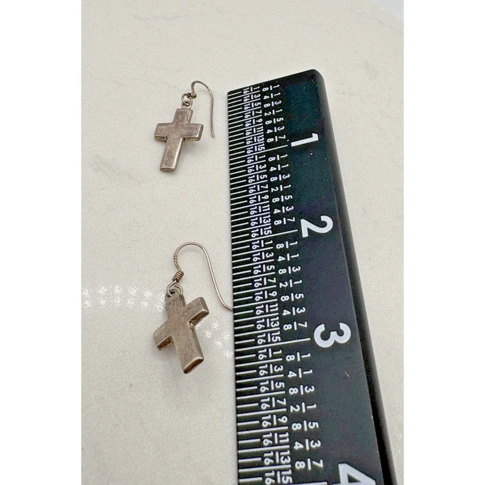 Vintage Artisan Sterling Silver 925 Christian French Wire Hook Cross Earrings 1